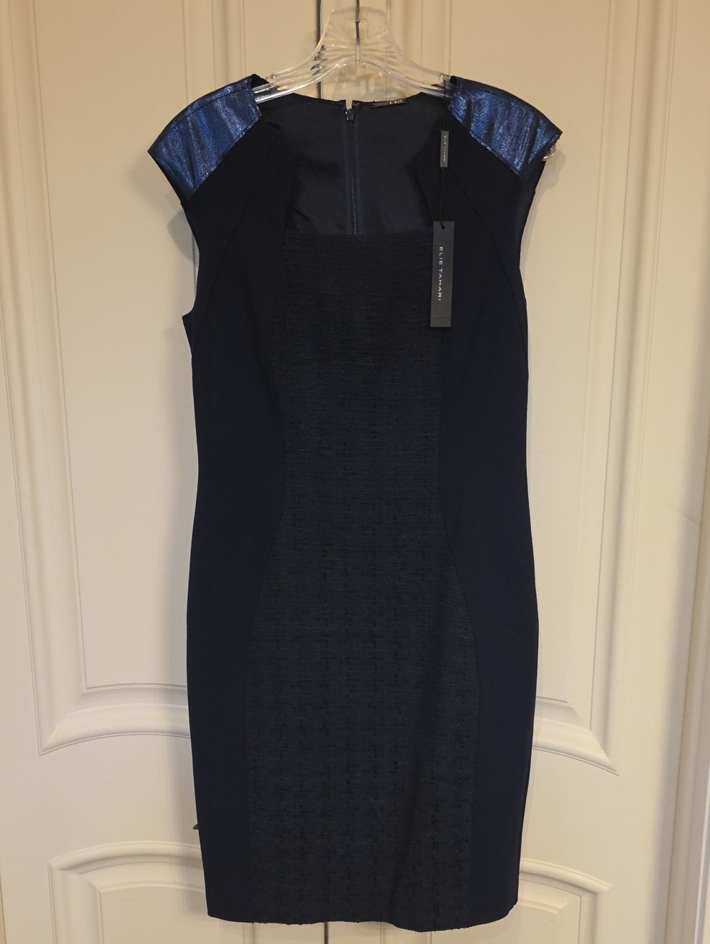 Elie Tahari Navy Midi Sheath Dress with Metallic Blue Shoulder Panels